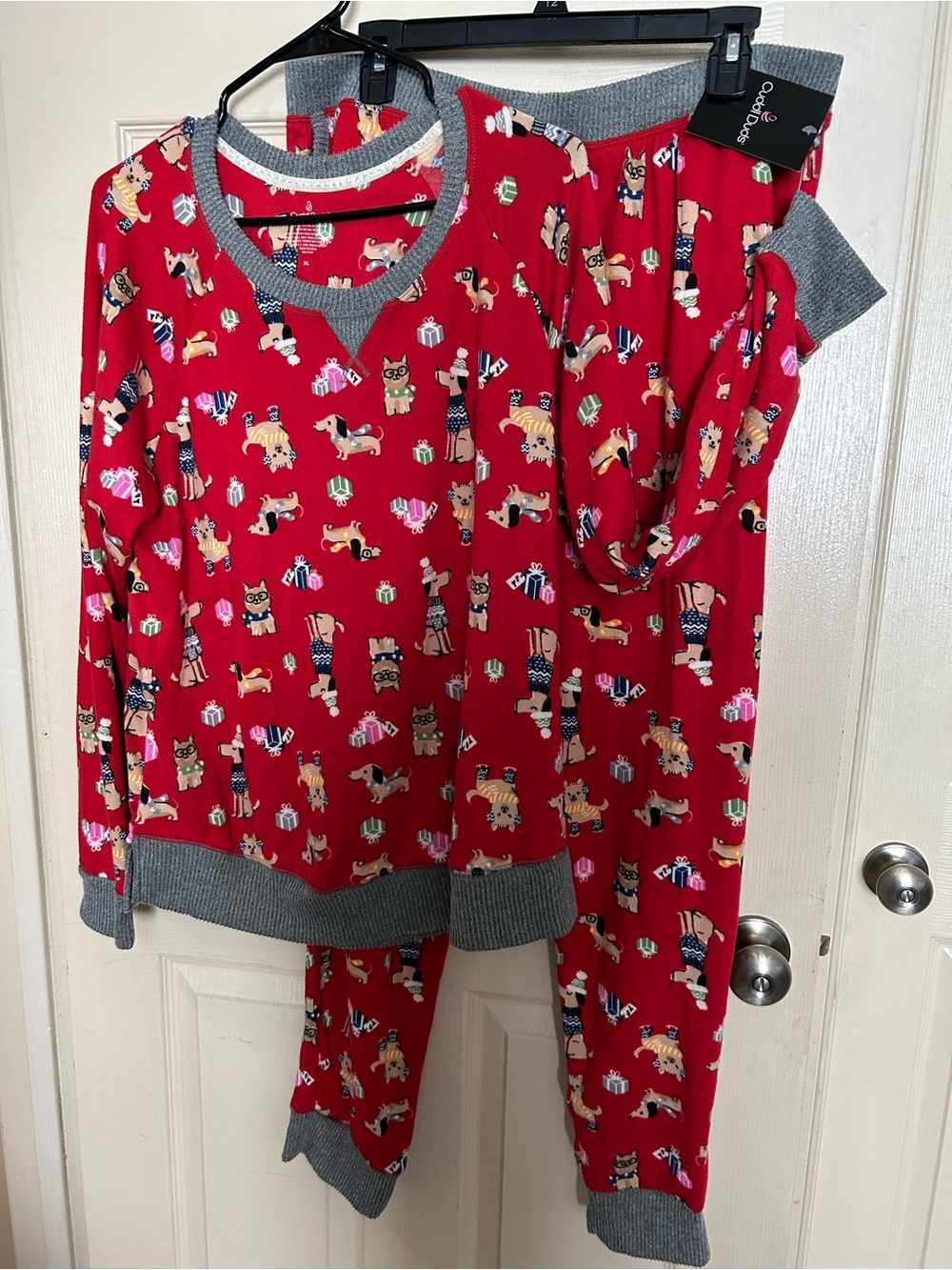 Cuddl Duds Red Holiday Dog Print Pajama Set with Gray Trim